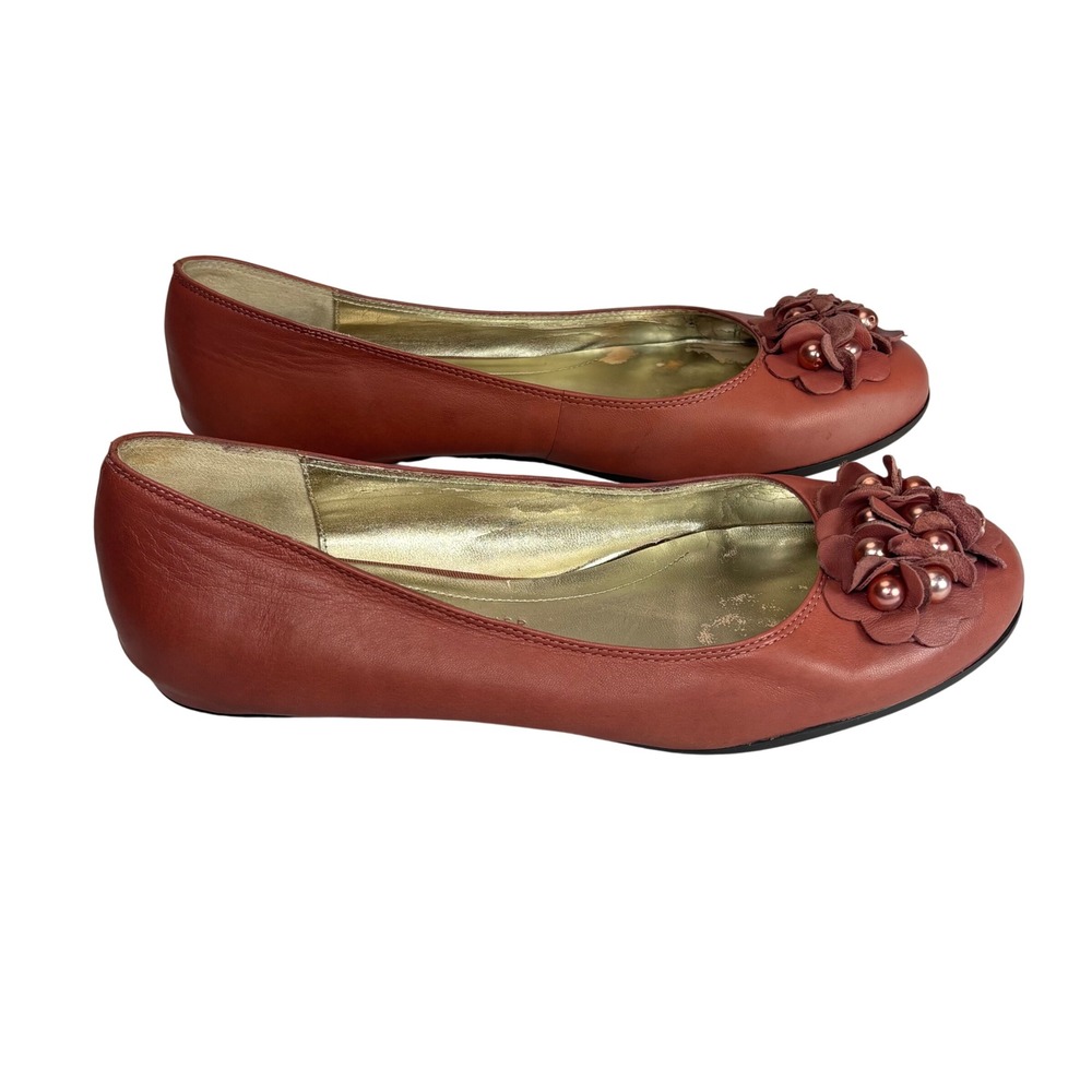 Etienne Aigner Ballet Flats Womens 7.5 Mauve Pink Leather Floral Pearls Coquette